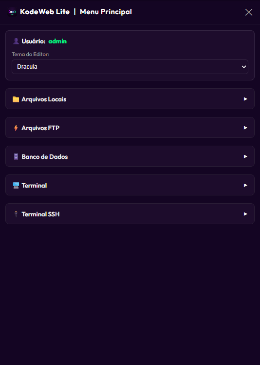 Menu do KodeWeb Lite